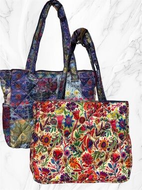Natural life Reversible Puffy Tote Quilted Patchwork Bag Blue Multicolored M